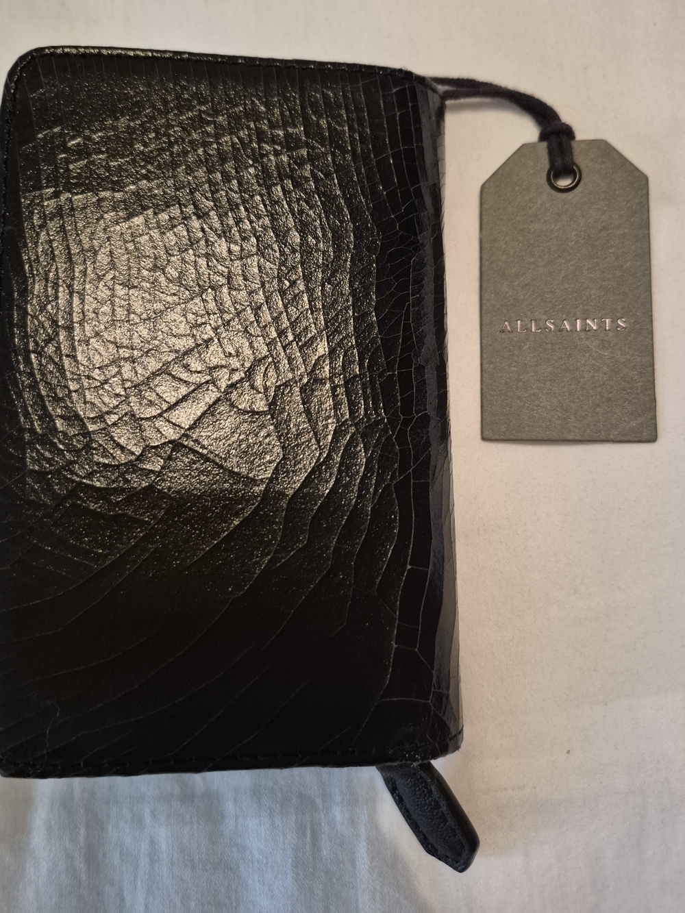 AllSaints THE RIDLEY Black Croc-Texture Zip Around Wallet